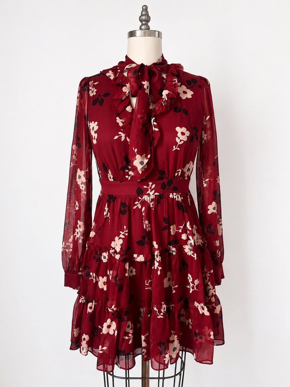 kate spade Red Silk Chiffon Floral Tie-Neck Ruffle Long Sleeve Dress